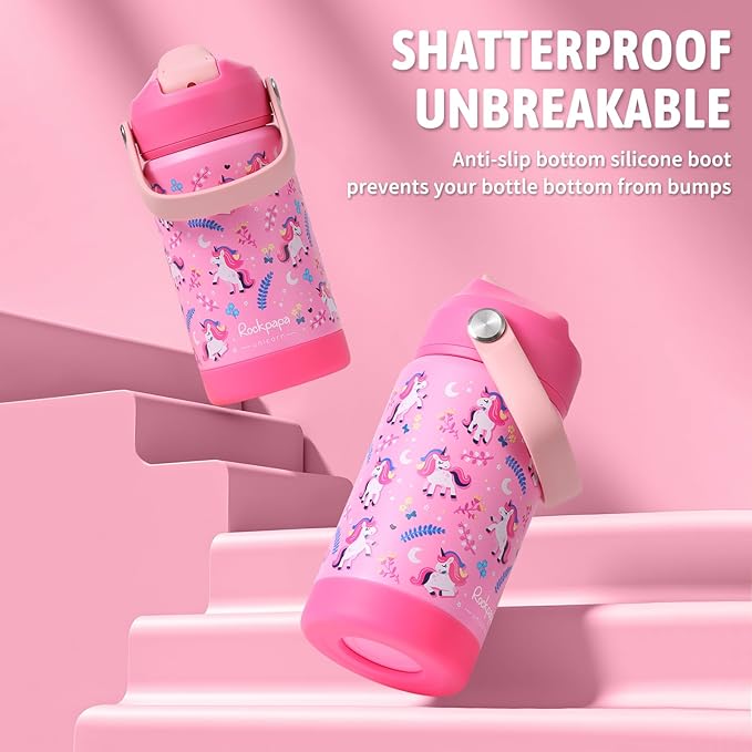 rockpapa 14 oz Kids Insulated Water Bottle，Stainless Steel Toddler Cups with Straws, BPA Free, Leak-Proof, Kids Water Bottle for School Boys& Girls (Pink Unicorn)