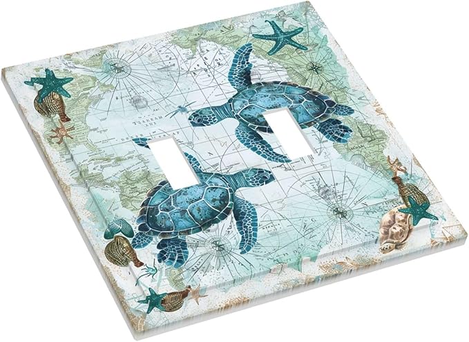 Decorative Switch Plates Nautical Green Sea Turtles Beach Blue Ocean 2 Gang Double Toggle Outlet Light Switch Cover Wall Plate Electrical Faceplate For Bathroom Kids Room Decor