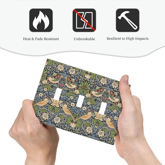 Decorative Switch Plates Morris Strawberry Thrush Birds Colorful Plants 3 Gang Wall Plate Triple Toggle Light Switch Cover Faceplate Electrical Wall Panels For Bed Room Living Room Decor
