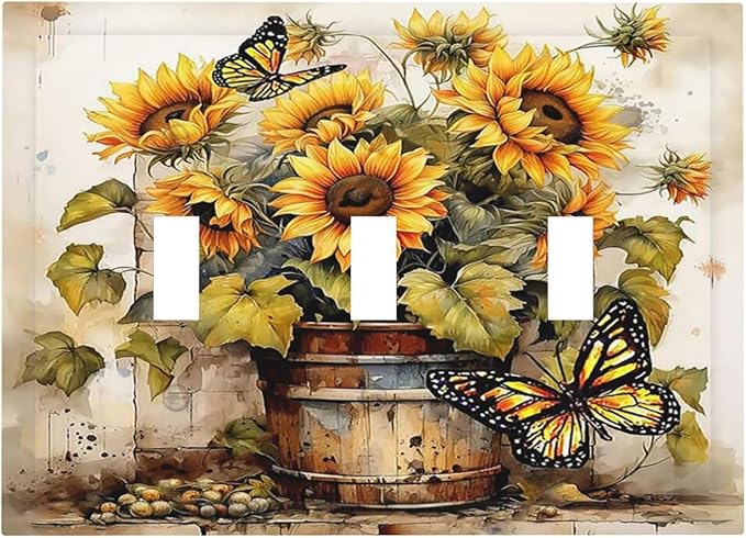 Decorative Switch Plates Rustic Vintage Sunflower Bouquet Butterfly 3 Gang Wall Plate Faceplate Triple Toggle Light Switch Cover Electrical Wall Panels for Farmhouse Cabin Decor