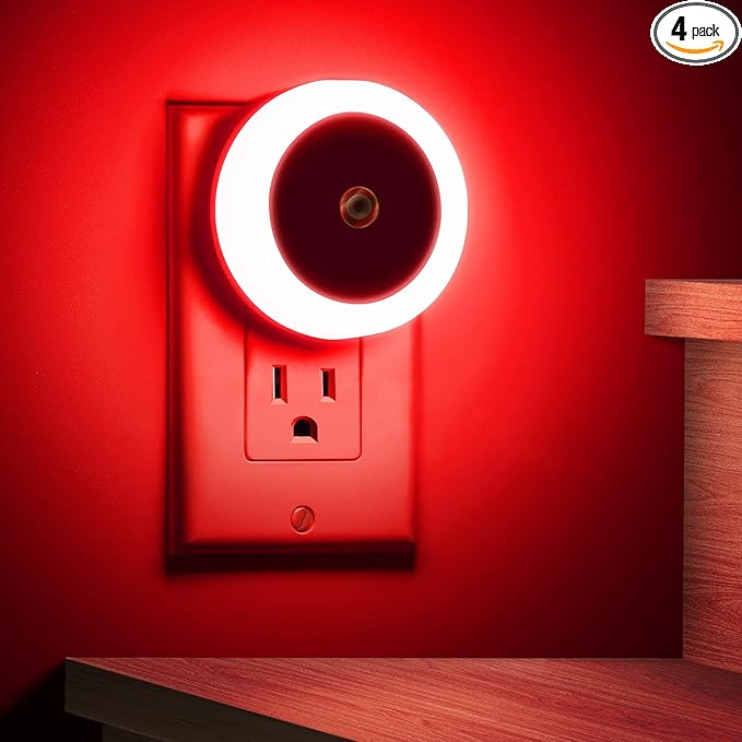 Briignite 4 Pack Red LED Night Light, Dusk to Dawn Sensor, Plug in, 60 Lumens, 0.6W, ABS Plastic, Perfect for Bedroom, Hallway, Bathroom, Kitchen, Stairway, Nursery