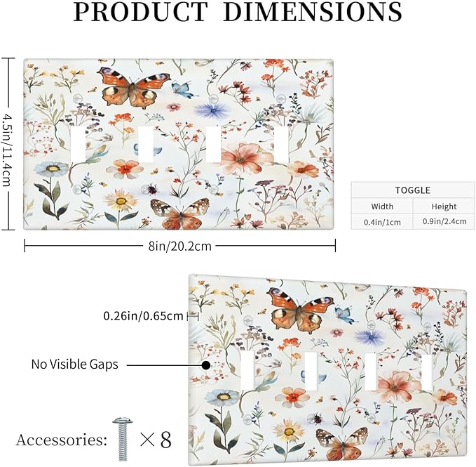 Light Switch Covers Butterfly Floral Boho Multicolor Flower Leave Quad Toggle Electrical Faceplate 4 Gang Wall Plate Decorative Switch Plates for Bed Room living Room Decor
