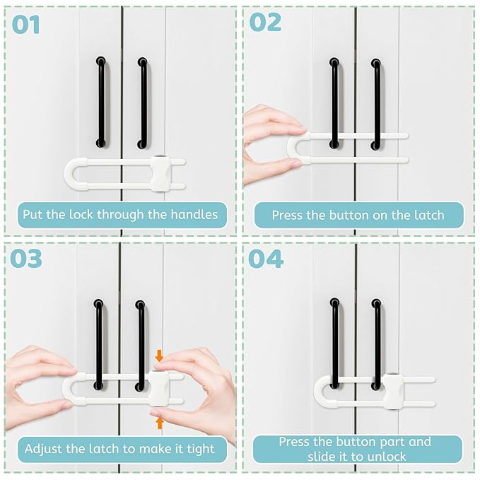 Baby Proofing Cabinets, Sliding Cabinet Locks for Babies, Adjustable U Shaped Baby Safety Locks, Childproof Cabinet Latch for Kitchen, Bathroom, Drawer, Cupboard Doors Knobs & Handles (6 Pack White)