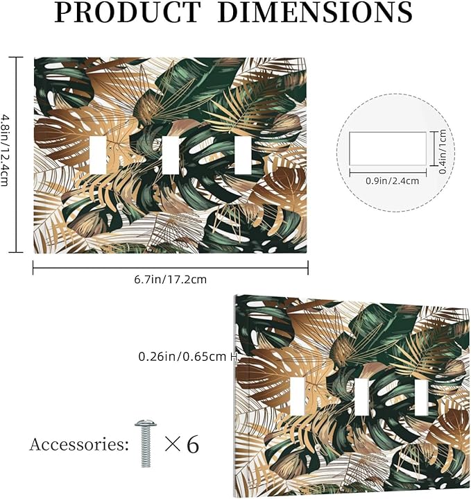 Green Tropical Leaves Gold Palm Leaf Botanical 3 Gang Light Switch Covers Decorative Unique Triple Toggle Wall Plate Electrical Faceplate Switchplate for Kitchen Bathroom Bedroom Home Decor