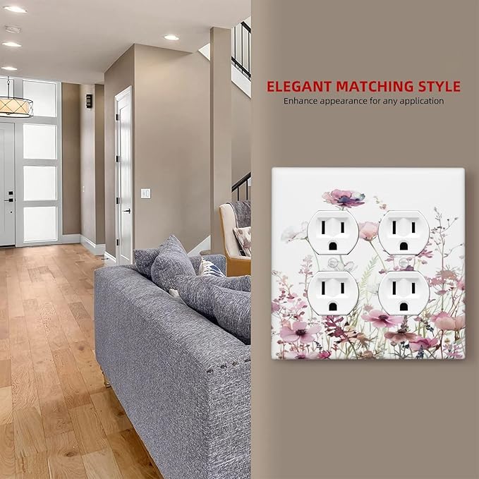 Floral Pink Watercolor Wildflowers Plant Flower Outlet Covers 2 Gang Double Duplex Decorative Light Switch Covers Electrical Wallplates Socket Faceplate for Bedroom Living Room Decor
