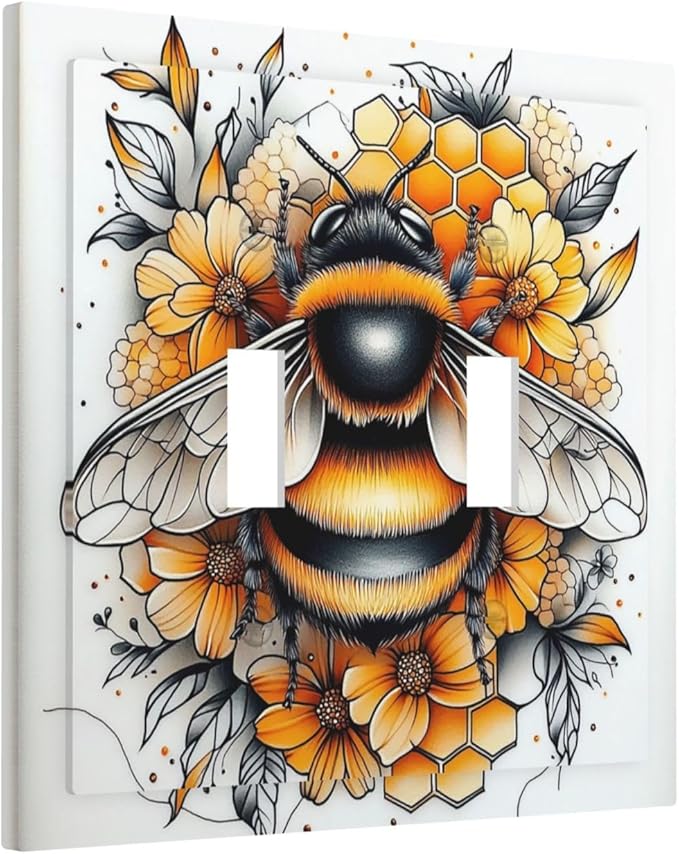 Decorative Switch Plates Bee Honeycomb Flowers Plant Leaves 2 Gang Double Toggle Outlet Light Switch Cover Wall Plate Electrical Faceplate For Nursery Kids Room Decor