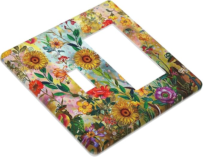 Fall Colorful Sunflower Floral 2 Gang Toggle Rocker Combo Wall Plates Decorative GFCI Device Outlet Cover Receptacle Electrical Faceplate Switchplate for Bedroom Bathroom Kitchen Decor