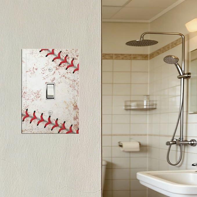 Vintage Baseball Stitch & Distressed Leather 1-Gang Toggle Light Switch Plate, Home Run Game Themed Decorative Wall Plate for Boy's Bedroom