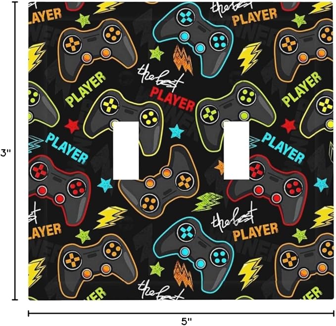 Kid Boys Gamer Gaming Game 2 Gang Double Toggle Light Switch Cover Electric Wall Plate Electrical Faceplate for Bathroom Home Living Room Jumbo Size Decor