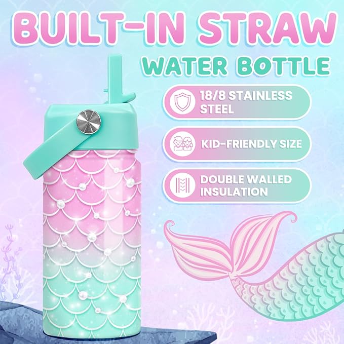 Mermaid Water Bottle - Kids Water Bottle with Straw Lid - 12 Oz Insulated Stainless Steel Water Bottles for Kid Girl - Travel Cup for School Sports