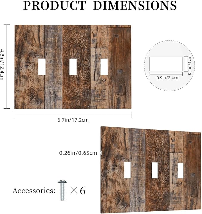 Vintage Board Rustic Brown Wood Texture Decorative Switch Plates 3 Gang Wall Plate Triple Toggle Light Switch Cover Faceplate Electrical Wall Panels for Farmhouse Home Decor
