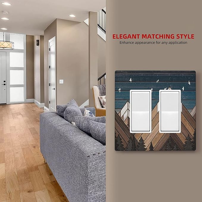 Rustic Geometric Mountain Wilderness Wood Light Switch Plate Cover 2 Gang Double Rocker Wall Plates Electrical Faceplates Decorative GFCI Outlet Covers for Bedroom Bathroom Kitchen Art Decor