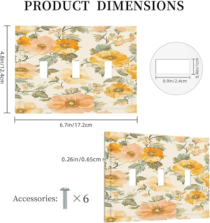 Decorative Light Switch Cover Plate Vintage Floral Pastel Flower Pattern 3 Gang Wall Plate Triple Toggle Switch Plate Covers Electrical Outlet Cover for Bedroom Cabin Decor