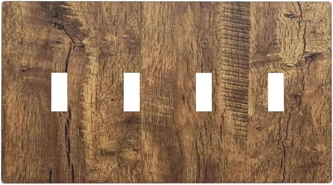 Rustic Brown Wood Distressed Wood Print Light Switch Covers Quad Toggle Electrical Faceplate 4 Gang Wall Plate Decorative Switch Plates Cover for Farmhouse Home Decor