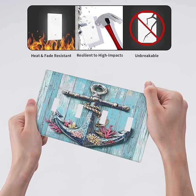Light Switch Covers Anchor Coastal Beach Nautical Coral Quad Toggle Electrical Faceplate 4 Gang Wall Plate Decorative Switch Plates For Farmhouse Cabin Decor