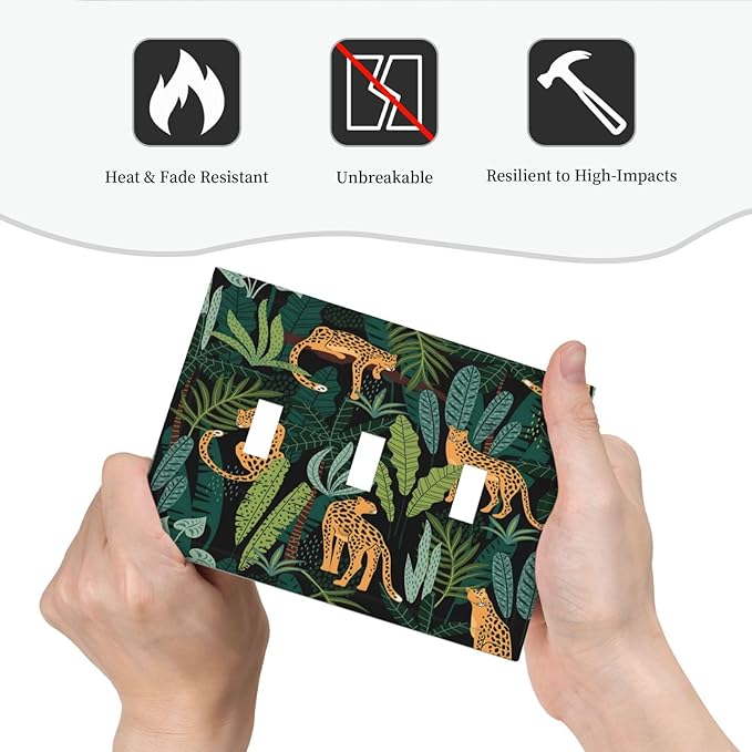 Jungle Cheetah Tropical Wildlife Leopard Green Palm Leaf Decorative Switch Plates 3 Gang Wall Plate Triple Toggle Light Switch Cover Faceplate Electrical Wall Panels for Farmhouse Home Decor