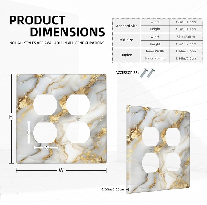 Luxurious White Gold Marble Patterns Abstract Outlet Covers 2 Gang Double Duplex Decorative Light Switch Covers Electrical Wallplates Socket Faceplate for Bathroom Kitchen Decor