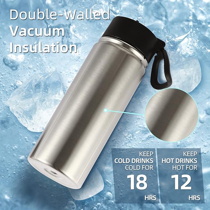 Volhoply 18oz Kids Insulated Water Bottle,Stainless Steel Water Bottles with Straw,Double Wall Vacuum Metal Water Bottle,Wide Mouth Reusable Sports Travel Flask For Cold Drink(Silver,1 Set)