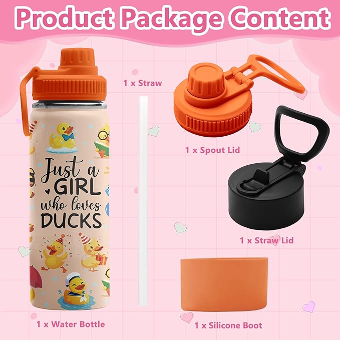 Duck Gifts, 18 oz Stainless Steel Water Bottles with 2 Lids, Insulated Water Bottle with Straw, Duck Cups for Travel Sports Outdoor, Birthday Christmas Gifts for Boys Girls Ducks Lovers (1pcs)