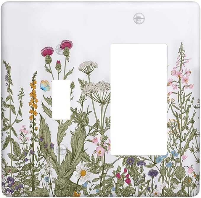 Rustic Wild Floral Vintage Teal Botanical Combin Wall Plate Cover Decorative 2 Gang Toggle Rocker Light Switch Cover for Bathroom Home Bedroom Art Panel Decor 4.5 X 4.5 In