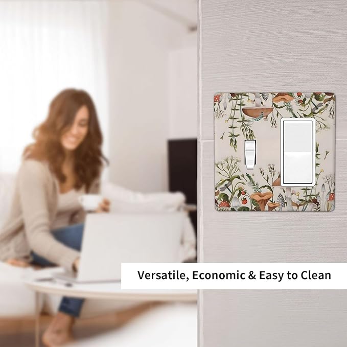 Boho Mushroom Forest Plants Wildflowers Insects Outlet Covers 1 Toggle 1 Rocker Combination Decorative Wall Plate Electrical Switch Plates Light Switch Cover Plate for Kids Room Home Decor
