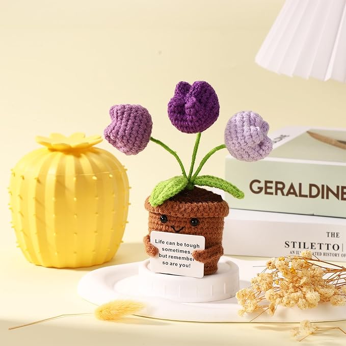 TOYMIS Positive Tulip, Soft Knitted Crochet Tulip with Encouragement Card Inspirational Positive Plant Crochet Flower Wool Doll Emotional Pot Plush Support Gifts for Men Women