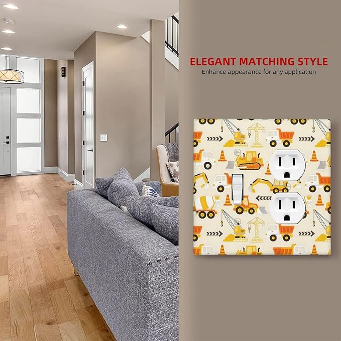 Decorative Outlet Covers Construction Vehicle Yellow Trucks Diggers 2 Gang Light Switch Cover Plate Single Toggle Duplex Wall Plates for Electrical Switch Plate Covers for Home Decor