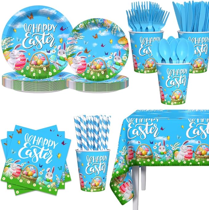 AIBIIN 193pcs Happy Easter Party Decorations Easter Paper Plates and Napkins, Cup, Tablecloth, Tableware, Spring Bunny Egg Disposable Dinnerware Party Supplies Serve 24 Guests