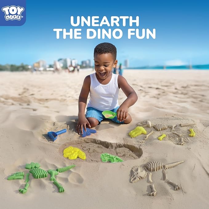 TOY Life 30 Pcs Dinosaur Fossil Beach Toys for Kids Ages 4-8 Collapsible Sand Toys with Dinosaur Toys Silicone Bucket Shovels & Dino Digging Building Kit Molds, Sandbox Toy for Summer, Travel