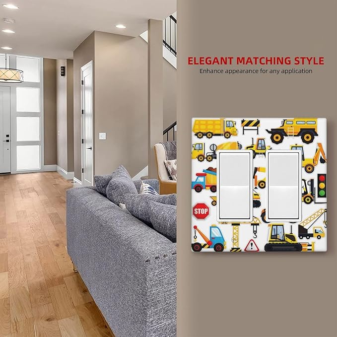 Yellow Truck Cartoon Transportation 2 Gang Rocker Decora Light Switch Cover Decorative Outlet Covers Wall Plate Electrical Faceplate Switchcovers GFCI for Kidroom Bathroom Bedroom Living Room Decor