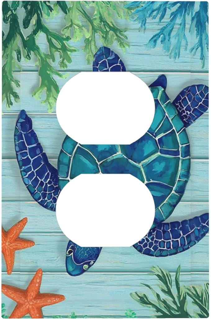 Coastal Sea Turtle Duplex Wall Plate - 1-Gang Standard US Size Mosaic Starfish Outlet Covers, Nautical Ocean Theme for Coastal Homes