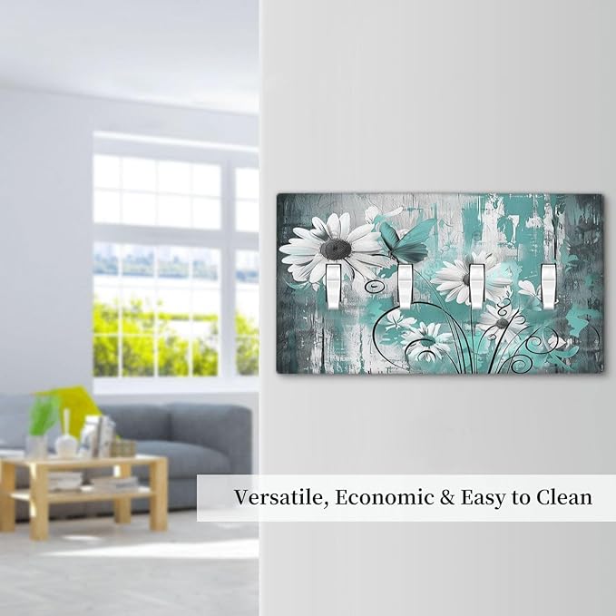 Light Switch Covers Teal Daisy Floral Vintage Wood Plank Quad Toggle Electrical Faceplate 4 Gang Wall Plate Decorative Switch Plates For Farmhouse Cabin Decor