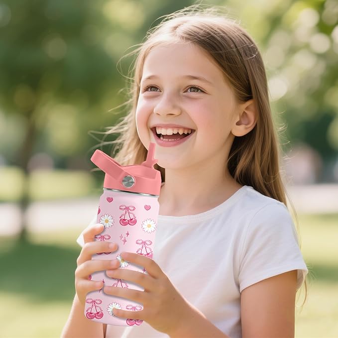 Cherry Gifts for Kids - 16oz Pink Kids Water Bottle with Straw Lid, Stainless Steel Insulated Tumbler, Leakproof, BPA-Free, for Girls, School, Travel - Cherry Lovers Children Birthday Gift Cup (1pc)