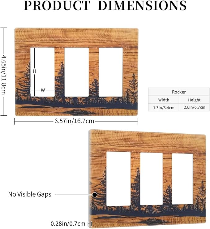 Country Farm Forest Pine Tree Woodland Woods Wooden Board Screwless Decorator Wall Plates Mid-Size 3-Gang Triple Rocker Outlet Light Switch Cover Plate for Dimmer, GFCI, USB Receptacle Faceplate Cover