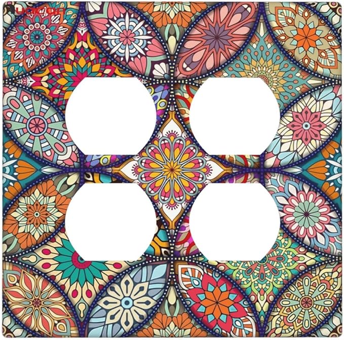 Boho Floral Pretty Colorful Mandala Flowers Outlet Covers 2 Gang Double Duplex Decorative Light Switch Covers Electrical Wallplates Socket Faceplate for Bedroom Living Room Decor