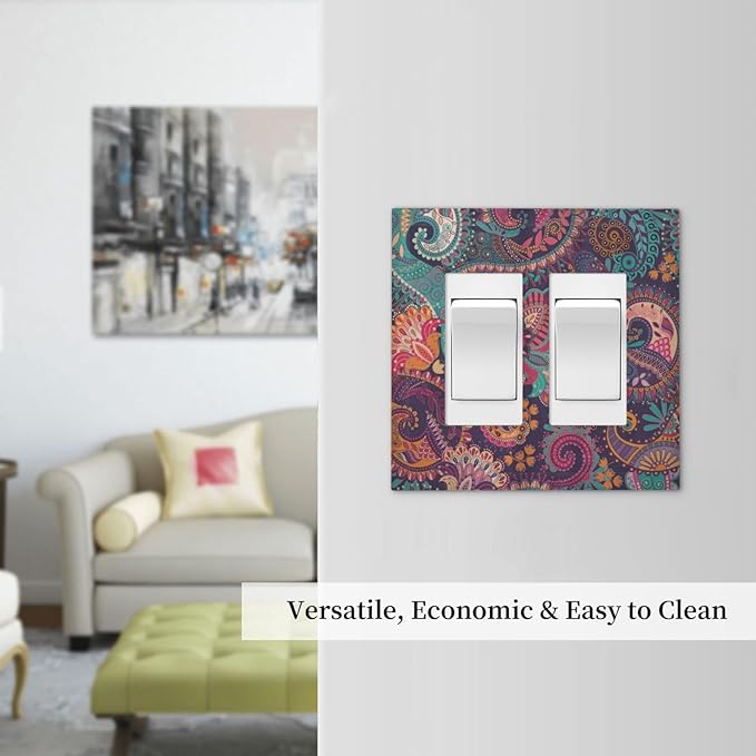 Mandala Boho Paisley Purple Floral Colorful Flower Decorative Outlet Covers 2 Gang Double GFCI Rocker Electrical Wall Panels Light Switch Cover Plate for Home Bedroom Decor