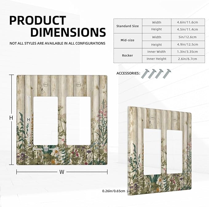 Vintage Wild Flowers Botanical Green Leaves Plants 2 Gang Rocker Decora Light Switch Covers Decorative Rustic Wood Plank Dual Outlet Covers Wall Plate Electrical Faceplate Switchplate GFCI
