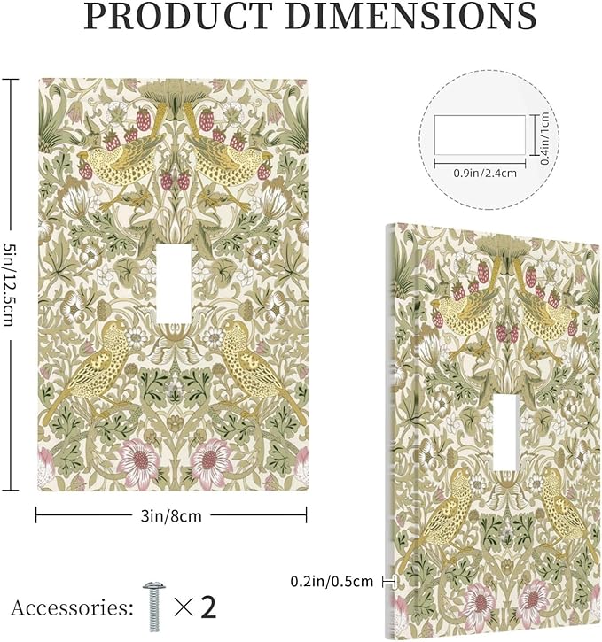 William Morris Vintage Strawberry Bird Botanical Decorative Light Switch Cover 1 Gang Single Toggle Device Electrical Faceplate Switchplates Decorator Outlet Wall Plate for Farmhouse Home Decor