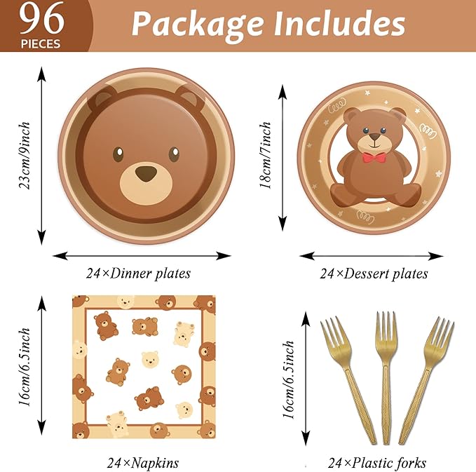 96 Pcs Bear Baby Shower Party Plates Decorations We Can Bearly Wait Baby Tableware Bear Theme Dessert Teddy Plates Napkins Supplies for Gender Reveal Boy Girl Baby Shower Birthday Party Serve 24