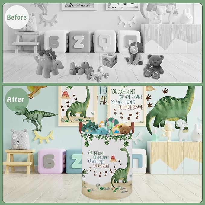 Dinosaur Nursery Decor Kids Laundry Basket Large Kid Storage Chest Trunk Woodland Stone Volcano Book Shelf Basket Collapsible Clothes Toy Bin for Baby Rectangle Hamper,45L(Green Dinosaur)