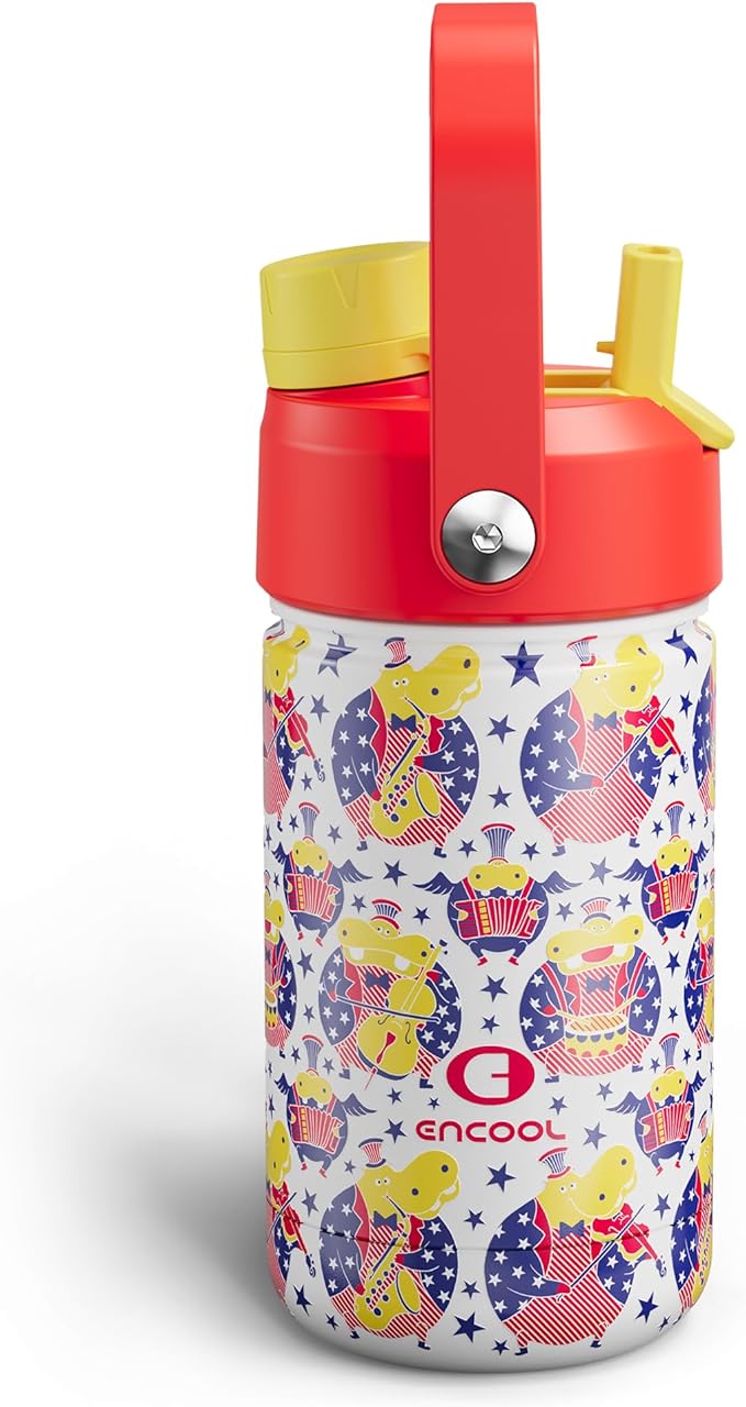 Kids Insualated Water Bottle with Straw,12oz Stainless Steel Water Bottle with Dual Spouts, Leak-Proof,BPA-Free,Double Wall Vacuum Keeps Cold for 24 Hours for Sports,Travel,School (White Hippo Parade)