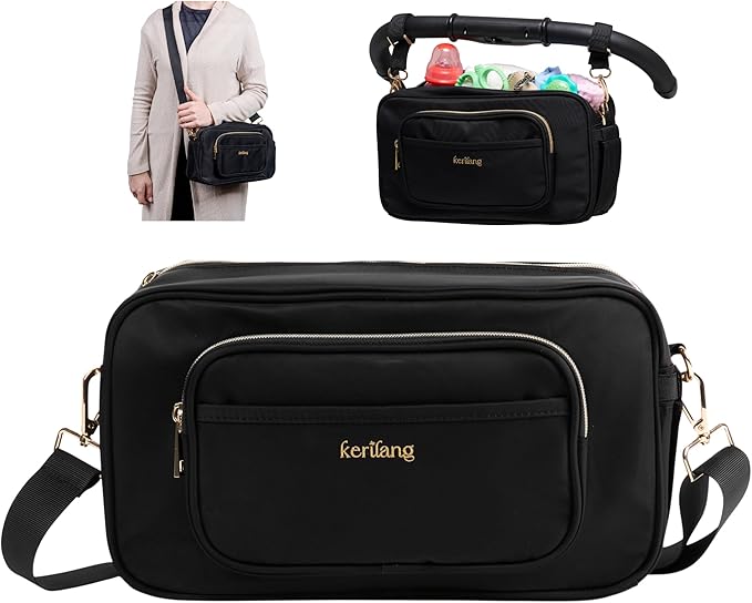 Universal Stroller Caddy with Cup Holder, Waterproof Small Diaper Bag, Stroller Organizer with Shoulder Straps, Baby Travel Bag with Wipes Pocket