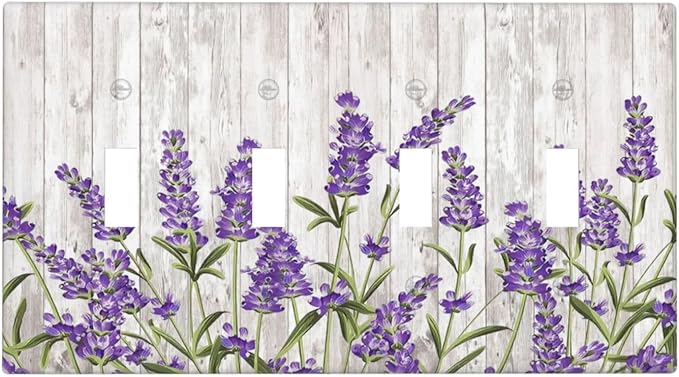 Purple Lavender Rustic Wooden Flowers Floral Plant Light Switch Covers Quad Toggle Electrical Faceplate 4 Gang Wall Plate Decorative Switch Plates Cover for Farmhouse Living Room Decor
