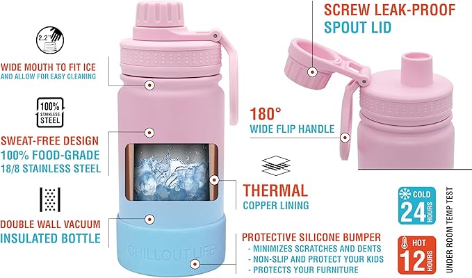 CHILLOUT LIFE 12 oz Kids Insulated Water Bottle for School with Leakproof Spout Lid and Cute Waterproof Stickers, Personalized Stainless Steel Thermos Flask Metal Water Bottle For Girls & Boys