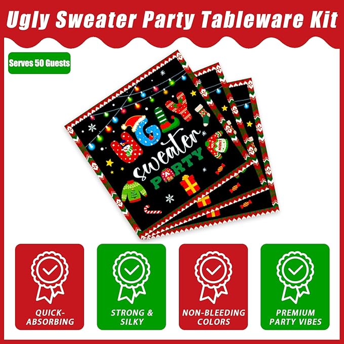 200Pcs Christmas Ugly Sweater Party Plates, Red and Green Ugly Xmas Sweater Party Decorations Supplies Winter Holidays Family Gathering Birthday Party Tableware Disposable Dinnerware Set , Serves 50