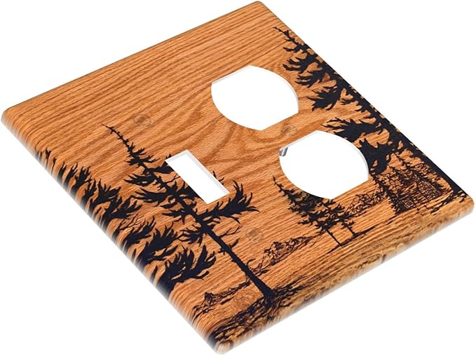 Pine Forest Natural Scenery Silhouette Wood Grain Wallplates 1 Toggle 1 Duplex Switch Plate Electrical GFCI Faceplate Decorative Light Switch Covers for Farmhouse Home Decor