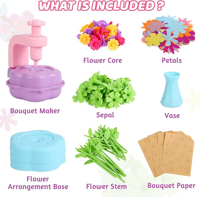 DAISRED Flower Craft Kits Toys for Kids, Arts and Crafts for Girls Ages 4-6-8, DIY Flower Making Kit for Kids, Art Craft Activity Toys, Birthday Gifts for 4 5 6 7 8 9 Year Old Girls Boys