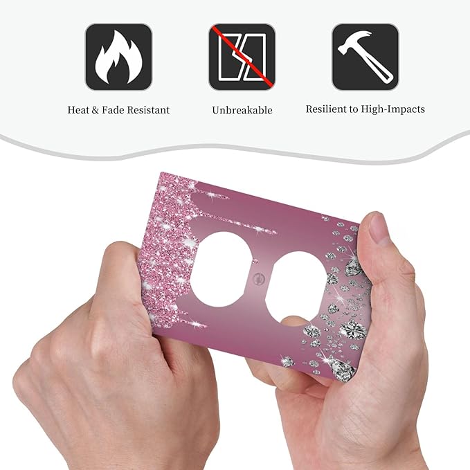 Sparkling Diamonds Pink Silver Glitter Drops Print 1 Gang Outlet Plate Decorative Single Duplex Wall Plate Covers Unique Electrical Receptacle Light Switch Cover Faceplate Switchplate for Bedroom