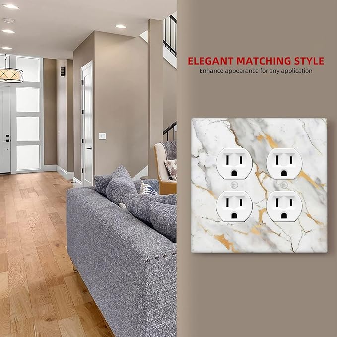 Outlet Covers Marbling Style White Background Gold Gray Stripes 2 Gang Double Duplex Decorative Light Switch Covers Electrical Wallplates Socket Faceplate For Bathroom Kitchen Decor
