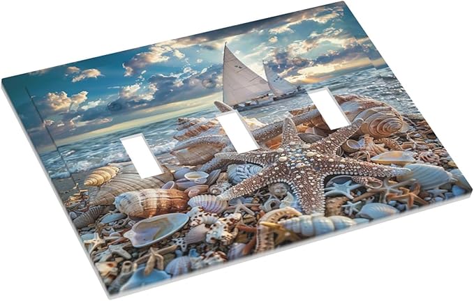 Light Switch Cover Plate Summer Sea Beach Starfish Seashell Sailboat 3 Gang Switch Plate Covers Triple Toggle Decorative Wall Plates Electrical Faceplate for Bathroom Home Decor